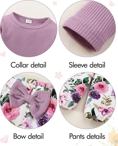 Miniatura 2 de YALLET Conjunto de 3 piezas de ropa de niña pequeña de color liso, manga larga con volantes, pantalones florales + diadema de 1 a 6 años