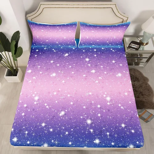 Miniatura 15 de Erosebridal Juego de ropa de cama de lentejuelas con purpurina y estrellas, sábanas de bolsillo profundo arcoíris y galaxia espacial, sábana bajera