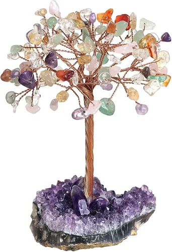 Nupuyai Árboles de dinero de cristal natural con base de racimo de amatista, figura decorativa de piedra de cristal para decoración de escritorio,
