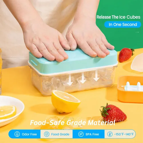 Miniatura 2 de Bandeja para cubitos de hielo con tapa y contenedor, 28 moldes para cubitos de hielo, bandejas de hielo para congelador, molde de bandeja para Azul