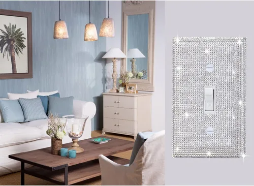 Miniatura 4 de 4 piezas de placa de pared plateada con diamantes de imitación brillantes, cubierta decorativa de interruptor de luz de una llave, cubiertas