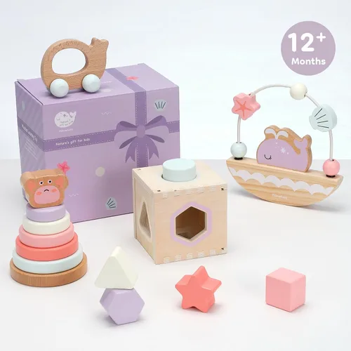 Miniatura 5 de Pillowhale Juego de juguetes de madera sensorial y educativo para niños pequeños de 1 a 3 años - Anillos para apilar, clasificador de formas, coche