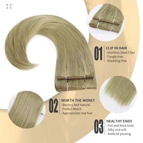 Miniatura 2 de Sué - Cuatro (4) exquisitas extensiones de 20 pulgadas de cabello ondulado largo grueso con clip, de color rubio miel mezclado con rubio ceniza
