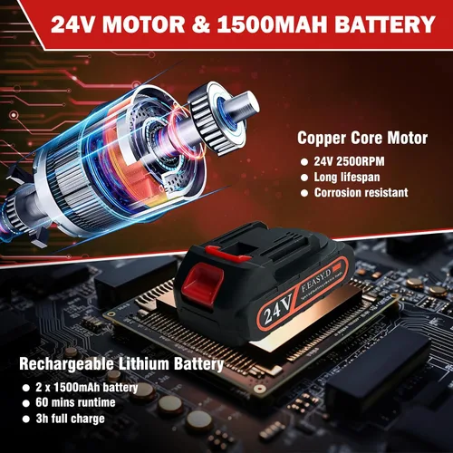 Miniatura 4 de Cortasetos inalámbrico - Cortasetos eléctrico de 24 V, tijeras de césped de mano, cortasetos con 2 baterías recargables, cargador y caja de Rojo
