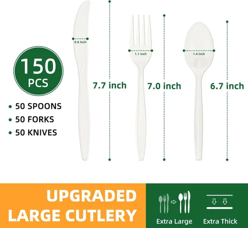 Miniatura 2 de Juego de cubiertos 100% compostables, 150 piezas (50 tenedores, 50 cucharas, 50 cuchillos) utensilios desechables de almidón de maíz resistentes