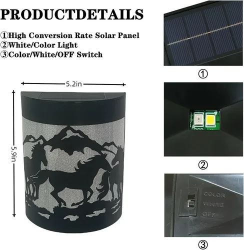 Miniatura 2 de Luces Solares de Pared con Forma de Caballo, Juego de 2 Luces Solares para Valla Exteriores Impermeables para Escalones de Terraza Valla Garaje