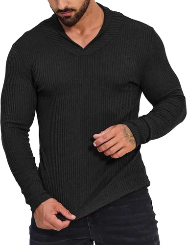 Miniatura 3 de ZAFUL Suéter con cuello en V para hombre, ligero, manga larga, tejido ajustado, suéter térmico