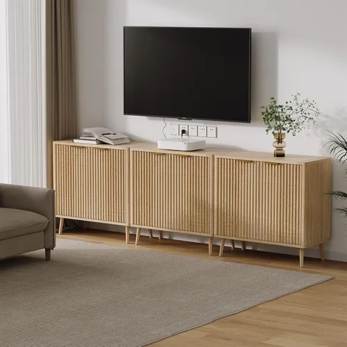 Miniatura 7 de Moderno armario de buffet acanalado con almacenamiento, consola de madera delgada de 31.5 pulgadas con puertas y estantes ajustables, armario