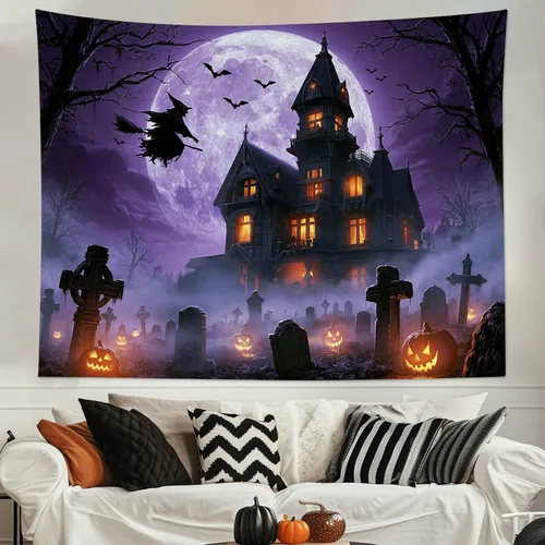 Miniatura 32 de EOBTAIN Scary Halloween Tapestry Gothic Black Crow Skull in Horror Graveyard Tapestry Wall Hanging Spooky Raven under Misty Full Moon Night Wall Art