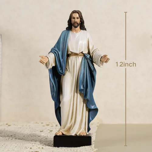 Miniatura 4 de Estatua de Jesús de 12 pulgadas con brazos abiertos, figura de Jesucristo pintada a mano en túnica azul, escultura religiosa de resina realista