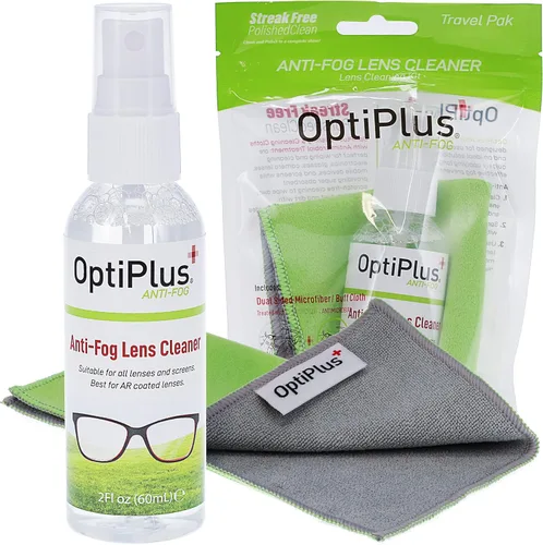 OptiPlus Spray de limpieza de lentes antivaho y paño de microfibra doble, limpiador y desempañador sin rayas para lentes, pantallas de portátiles,
