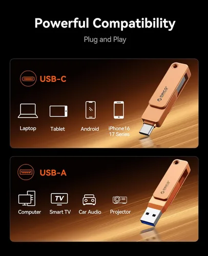 Miniatura 4 de ORICO USB 3.0 Flash Drive 150MB/S Carcasa de metal Diseño giratorio Soporte OTG Función 2 en 1 PenDrive 32GB para dispositivos USB C y USB A -EB05 O
