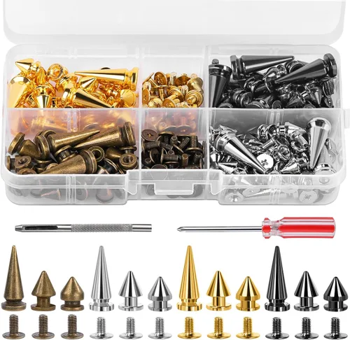 QMNNMA Kit de 120 Juegos de Pinchos y Tachuelas Punk, Pinchos Cónicos de 4 Colores, Tachuelas Atornillables de Pinchos Metálicos de 3 Tamaños para
