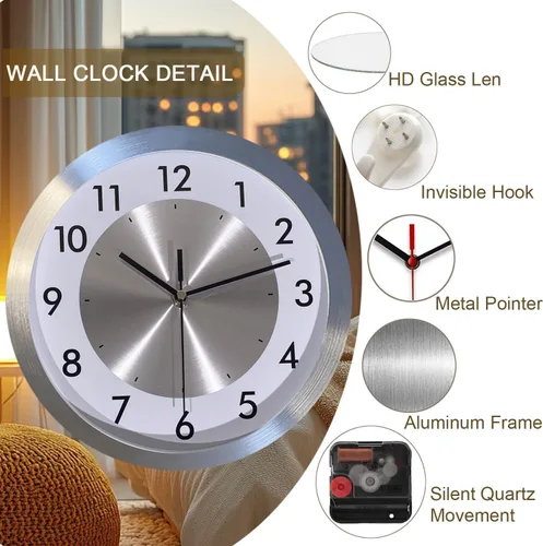 Miniatura 2 de Reloj de pared silencioso que funciona con pilas, moderno reloj de pared de metal decorativo para sala de estar, cocina, oficina, hogar, 12 pulgadas