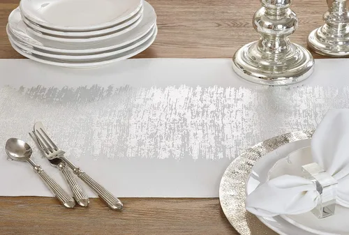 Miniatura 3 de SARO LIFESTYLE Agatha Collection - Camino de mesa con diseño de bandas metálicas plateadas, 16 x 72 pulgadas, rectangular, 16 x 72 pulgadas Plata