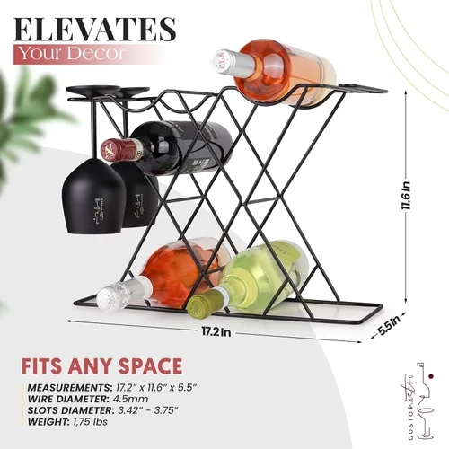 Miniatura 3 de Gusto Nostro Estantes de vino pequeños para 8 botellas y 4 vasos, estante de vino para encimera con soporte para vidrio, moderno estante de vino