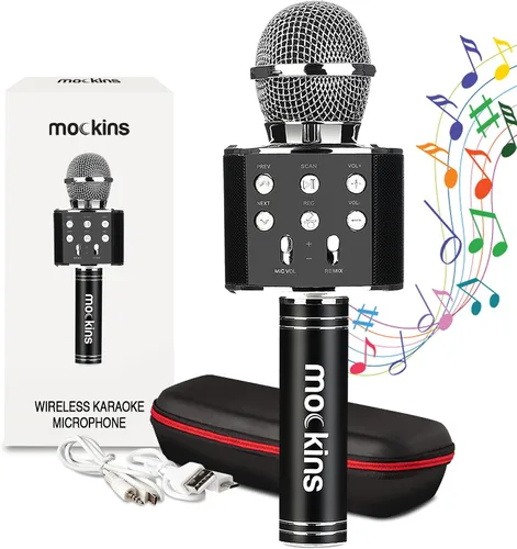 Mockins Micrófono de Karaoke Bluetooth Negro para Niños con Altavoz Bluetooth Integrado | Micrófono Inalámbrico de Karaoke Compatible con iPhone y