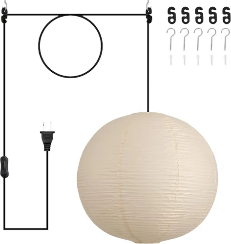 Lámpara colgante de papel con enchufe, lámpara colgante de papel de arroz blanco roto de 20 pulgadas con cable de 19.7 pies de globo grande japonés