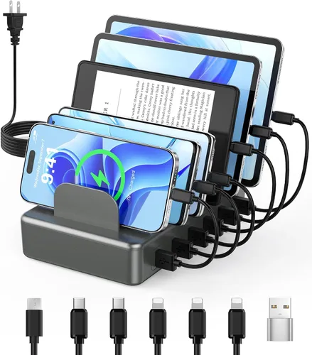 Miniatura 9 de CREATIVE DESIGN Estación de carga múltiple de 50 W y 6 puertos con 6 cables de carga, base de carga USB para múltiples dispositivos, compatible