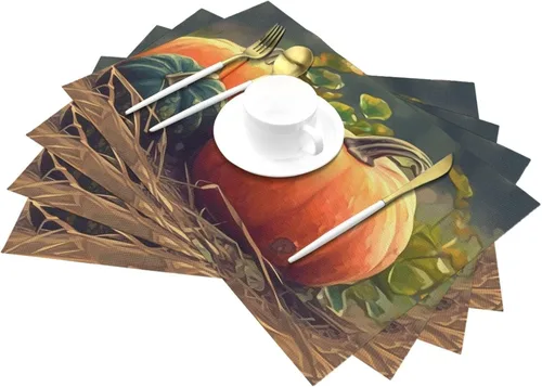 Miniatura 6 de Juego de 6 manteles individuales de PVC de cosecha de calabaza madura antideslizante, 12 x 18 pulgadas, juego de manteles individuales de granja