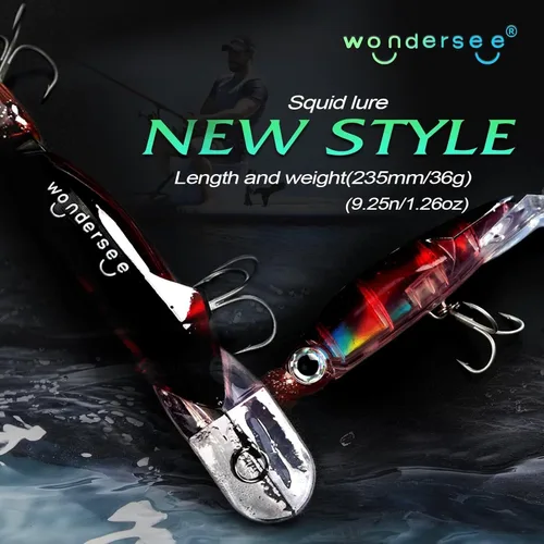 Miniatura 2 de Wondersee Kit de Señuelos de Pesca de Calamar Suaves y Duros Swimbait Crankbait Jig de Simulación Pesado Holográfico 4 PCS Rojo y Negro