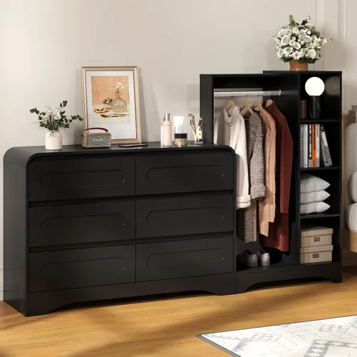 Cómoda con perchero para colgar ropa, toboganes preinstalados para una instalación rápida, armario 3 en 1 con cajones y estantes para zapatos,