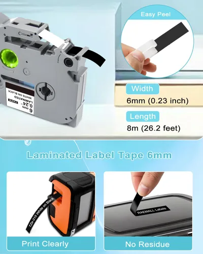 Miniatura 3 de 6mm 0.23 Cinta laminada negra de repuesto para cinta de etiqueta Brother TZe-315 Compatible con Brother P Touch PT-H110 PT-D202 PT-D210, negro sobre