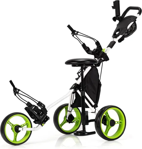 Miniatura 9 de Tangkula Carrito de Golf de Empuje y Tirón con Asiento, Carro Plegable y Colapsable Liviano de 3 Ruedas, Carro de Golf con Freno de Pie, Soporte Gris
