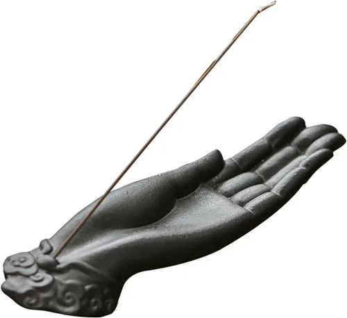Soporte de incienso de cerámica para palos, soporte para quemador de incienso, decoración zen con diseño de mano de Buda, protección contra el mal,