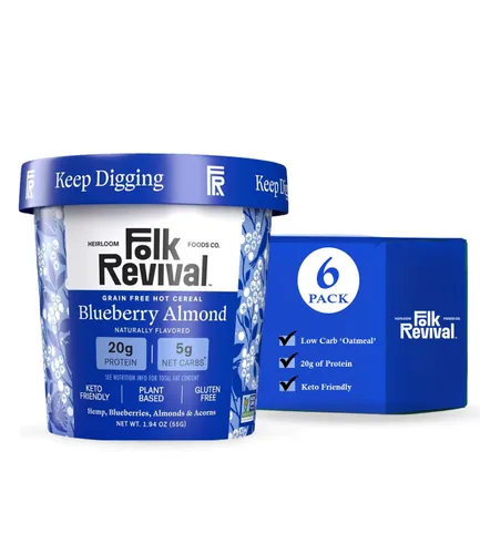 Folk Revival Blueberry Almond Keto Instant 'Oatmeal' – 0.71 oz de proteína, 0.71 oz de carbohidratos netos, alto en fibra, sin OMG, sin gluten,