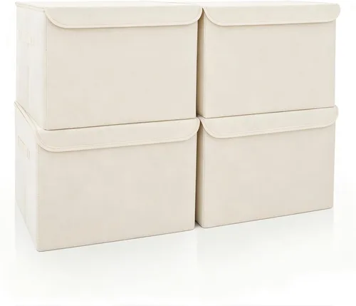 Bagnizer Cesta organizadora grande de tela de lino plegable de 22 cuartos [paquete de 4] con contenedor de almacenamiento tipo cubo con tapa