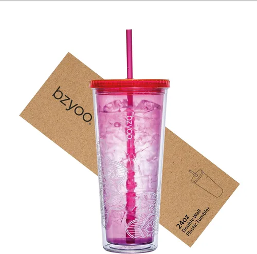 bzyoo SIP 24 onzas líquidas (710ml) Vaso de plástico de doble pared con tapa y pajita para bebidas frías, taza de viaje reutilizable, taza de fiesta