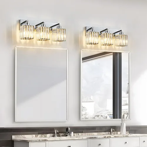 Miniatura 6 de Moderna lámpara de tocador de baño de 3 luces de cristal cromado moderno sobre espejo cromado iluminación de tocador de cristal aplique de pared