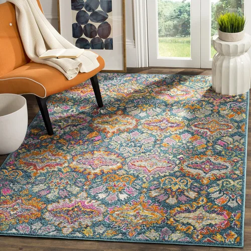 Miniatura 8 de SAFAVIEH Madison Collection - Alfombra decorativa de 2 pies 3 pulgadas x 3 pies 11 pulgadas, color azul y naranja, diseño de damasco bohemio,