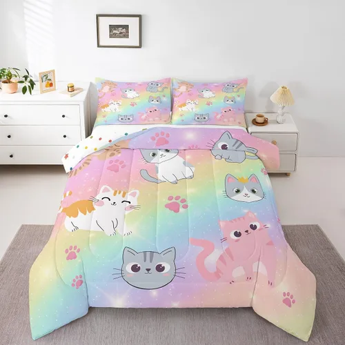 Miniatura 29 de Erosebridal Juego de ropa de cama para niños, tamaño individual, diseño de gatos de dibujos animados, para niñas, niños y adolescentes, edredón