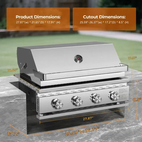 Miniatura 6 de Parrilla de gas propano incorporada premium de 4 quemadores, acero inoxidable 304 todo engrosado, 32,000 BTU con 516 pulgadas cuadradas de espacio