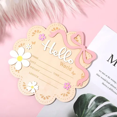 Miniatura 7 de Letrero de anuncio de madera para recién nacido, Butterfly Daisy Hello World Board, letreros de bienvenida para recién nacidos con decoraciones