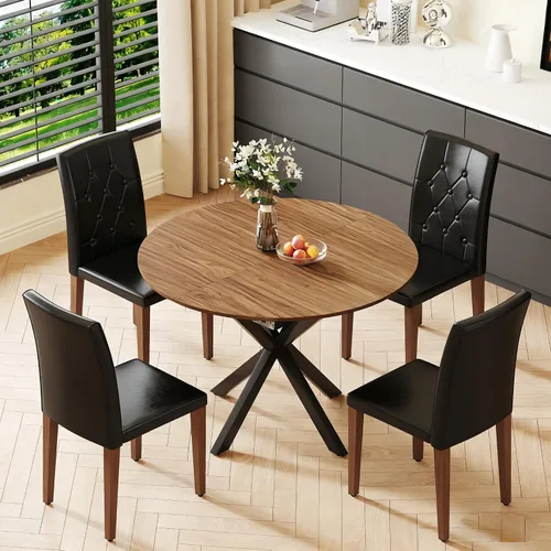Miniatura 18 de Juego de mesa de comedor redonda para 4, juego de mesa de comedor extensible de 43-59 pulgadas, mesa de grano de madera de nogal y 4 sillas