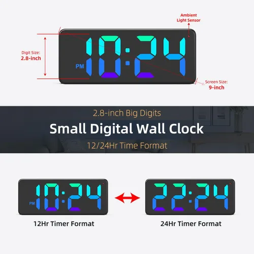 Miniatura 3 de Reloj de pared digital LED con pantalla RGB dinámica, dígitos grandes, brillo automático, formato de 12/24 horas, moderno reloj de pared eléctrico