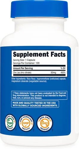 Miniatura 5 de Nutricost Citrato de zinc (50 mg) 120 cápsulas - Suplemento de citrato de zinc para hombres y mujeres, vegano