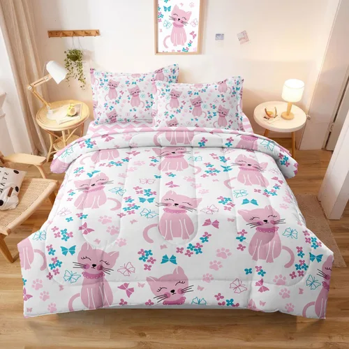 Juego de cama individual para niños con gatos, lindo juego de edredón rosa con animales para decoración de dormitorio de adolescentes, juegos de Cat1