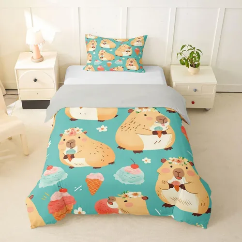 Erosebridal Cute Capybara Duvet Cover Twin Kawaii Capybara Eating Ice Cream Comforter Cover for Kids Teens Cartoon Cute Animals Bedding Set Cake