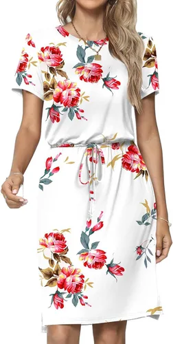 Miniatura 4 de JeashCHAT Womens Summer Mini Dresses Floral Printed Short Sleeve Sundress Casual Beach Dresses with Pockets