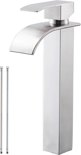Miniatura 9 de Grifo de lavabo alto de níquel cepillado con boquilla de cascada, grifo alto de baño de una sola manija, sobre mostrador, grifo de lavabo de tocador