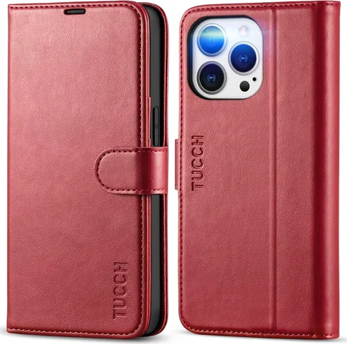 TUCCH Funda tipo cartera para iPhone 13 Pro, soporte [bloqueo RFID] [3 tarjetas] [carcasa interior de TPU a prueba de golpes], funda protectora Rojo
