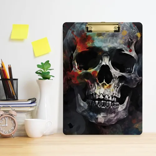 Miniatura 6 de Vnurnrn Portapapeles de plástico de calaveras coloridas con gancho tamaño A4 12.5 X 9 pulgadas clip de plata para dibujo oficina