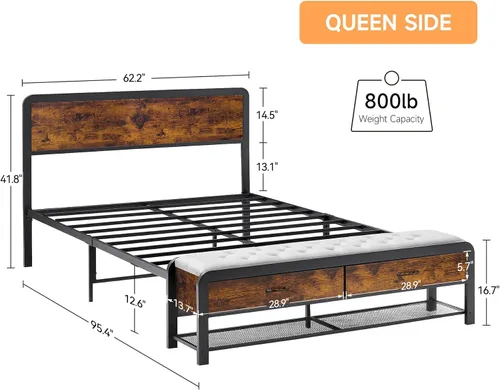 Miniatura 2 de Alkmaar Base de cama de plataforma tamaño Queen con otomana tapizada, 2 cajones de almacenamiento y cabecero, esquinas redondeadas seguras y soporte