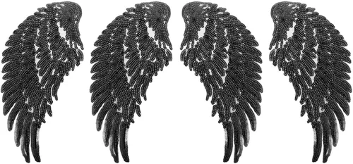 Kichvoe Sequin Angel Wing Applique Patches 2 Pairs Black Embroidered Iron-on Clothes Sewing Patch DIY Garment Decoration for Jackets and Apparel