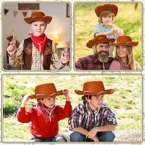 Miniatura 4 de Coume 20 sombreros de vaquero para niños, sombreros de fieltro para disfraz de cumpleaños de Halloween del oeste (marrón)