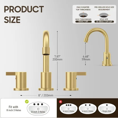 Miniatura 5 de Phiestina Grifo de lavabo de baño de 3 agujeros generalizado de oro cepillado, juego de llave de baño de 8 pulgadas con drenaje emergente de metal